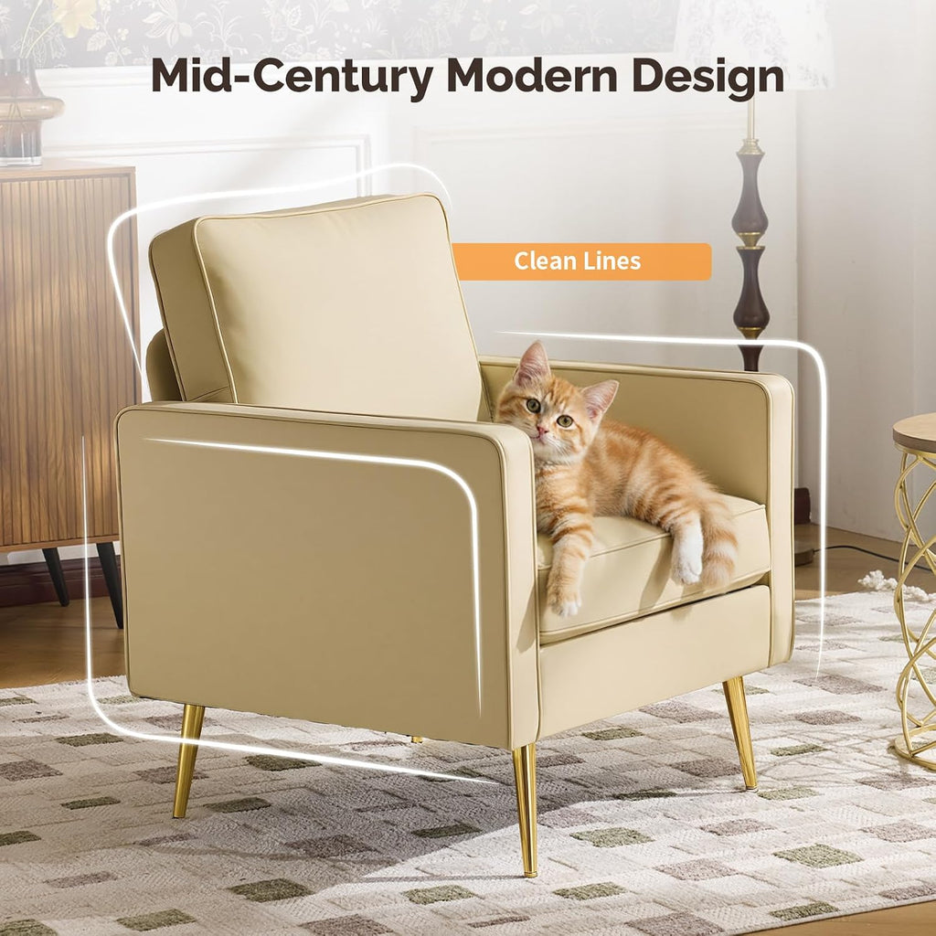 VINGLI Faux Leather Accent Chairs Set of 2 with Gold Legs for Living Room | Brown Armchair, Thick Foam Cushion, Durable Faux Leather PU, Sturdy 380 LB Frame, Elegant Gold Legs, Compact Modern Design