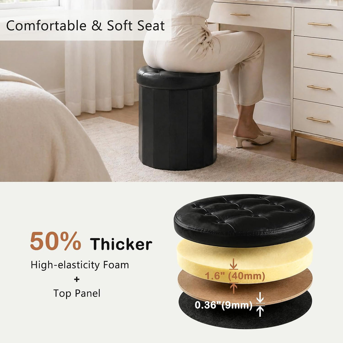 CAROLMADE Round Storage Ottoman, PU Leather Folding Footrest Stool with Thicker Foam Padded Seat, Versatile Vanity Stool for Living Room, Bedroom or Dorm, Black
