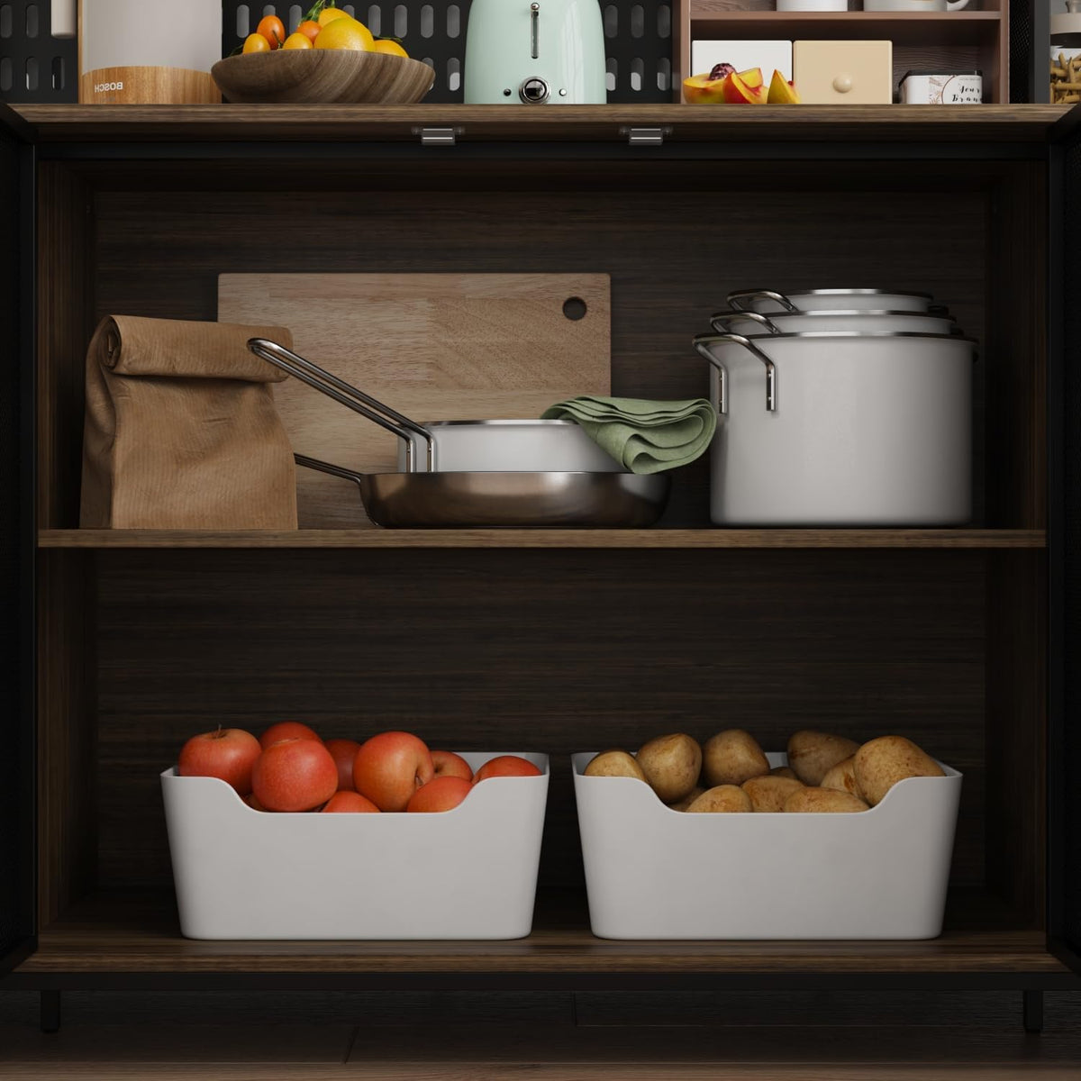 MOUMON 70.9" Extra Large Kitchen Pantry Cabinet with Hutch, Industrial Kitchen Hutch with 6 Drawers and 4 Mesh Doors, Large Coffee Bar Cabinet with Pegboard and Shelves, Brown and Black