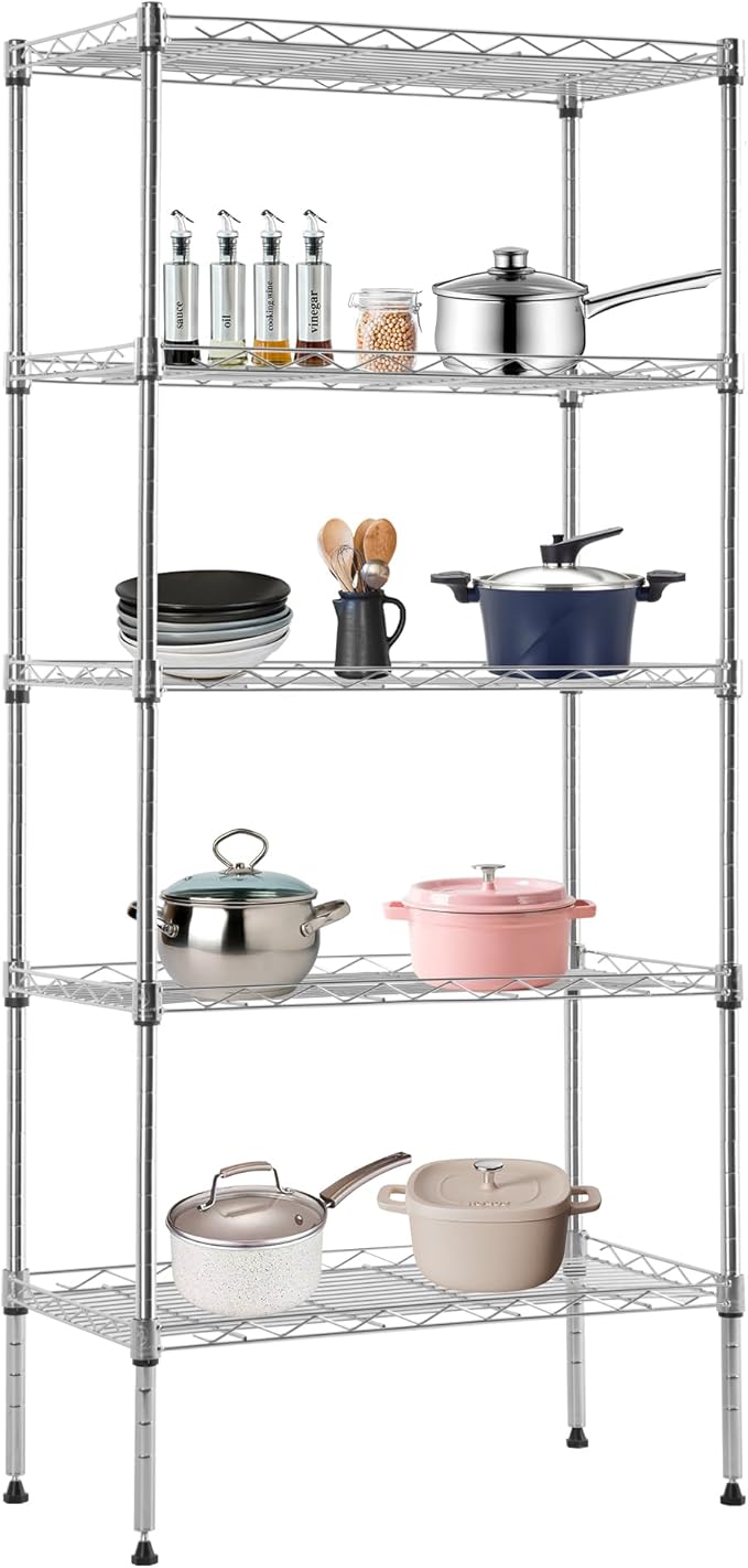 BestOffice Garage Shelving 5 Tier Metal Storage Shelves 750lbs Weight Capacity Heavy Duty Wire Shelving NSF Certified Utility Shelves with Leveling Feet for Garage Home Office, Chrome