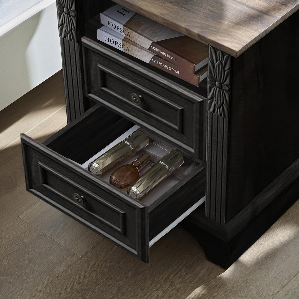 BOSHIRO Farmhouse Nightstand wtih Charging Station, 20" End Table with 2 Drawers, Night Stand Side Table Storage Cabinet with Carved Pilasters for Bedroom,Wood Rustic, Black