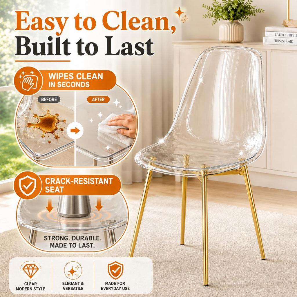 JUFU Acrylic Dining Chairs Set of 6, Modern Clear Chairs with Transparent Seat, Ergonomic Acrylic Side Chairs with Gold Metal Legs for Dining Room, Kitchen, Living Room