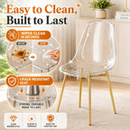 JUFU Acrylic Dining Chairs Set of 6, Modern Clear Chairs with Transparent Seat, Ergonomic Acrylic Side Chairs with Gold Metal Legs for Dining Room, Kitchen, Living Room