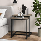 Giantex Nesting Coffee Table Set of 3, Stackable Square End Table w/Wood Grain Tabletop & Heavy-Duty Metal Frame, Farmhouse C-Shaped Accent Table for Small Space, Living Room, Bedroom (Black Oak)