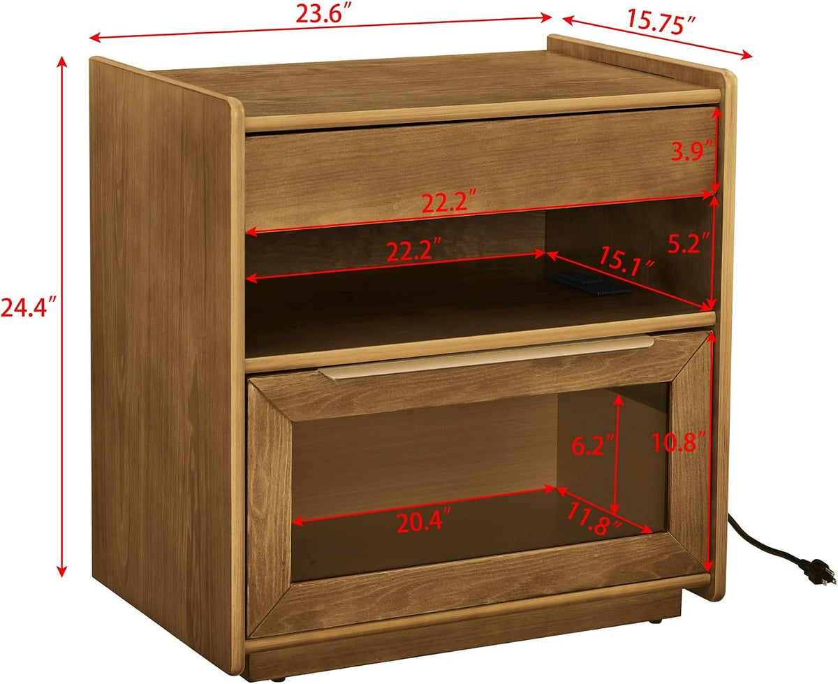 Mid Century Modern Nightstand with Charging Station & Outlet Hole & 2 Drawers, Farmhouse End Table with Open Shelf & Glass Drawer Dresser, Side Cabinet for Living Room,for Small Spaces