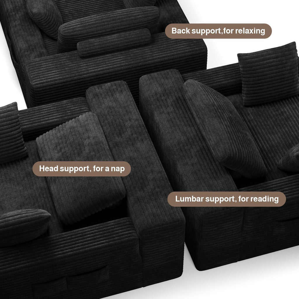 Ahomly 67" Chair, Chaise Lounge Chair Indoor with 3 Pillows, Black | No-Assembly Corduroy Chaise Lounge;Oversized chaise lounge with Side Pockets;Pet-Friendly Fuzzy Reading Chair