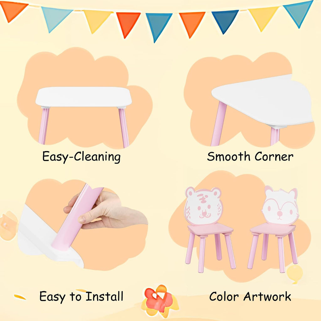 Kids Table and Chair Set 3-Piece Wooden Toddler Desk with Animal Backrest Pink and White Activity Table for Drawing Learning Playroom or Nursery