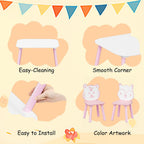 Kids Table and Chair Set 3-Piece Wooden Toddler Desk with Animal Backrest Pink and White Activity Table for Drawing Learning Playroom or Nursery