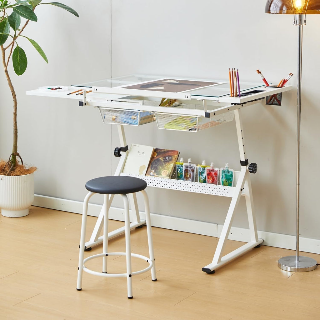 Drafting Table w/Stool, Height Adjustable Drawing Table, Multifunctional Art Craft Paintings Work Station w/2 Storage Drawers Artists Desk Tilting Glass Tabletop for Home Office Black (White)