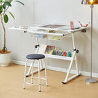 Drafting Table w/Stool, Height Adjustable Drawing Table, Multifunctional Art Craft Paintings Work Station w/2 Storage Drawers Artists Desk Tilting Glass Tabletop for Home Office Black (White)