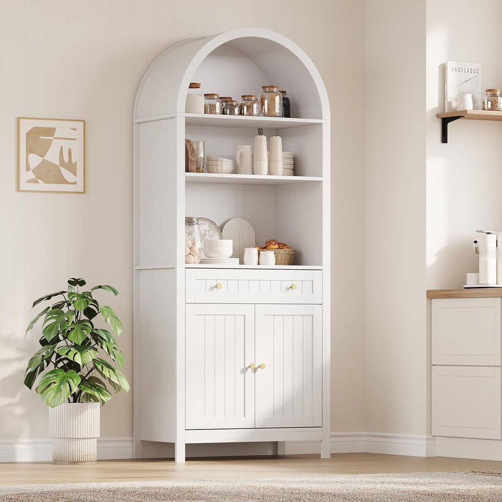 Modern Farmhouse Arched Pantry Cabinet 73" – Freestanding Tall Storage with Adjustable Shelves & Drawer – Accent Kitchen, Dining, Living or Bedroom Cupboard – Embossed White