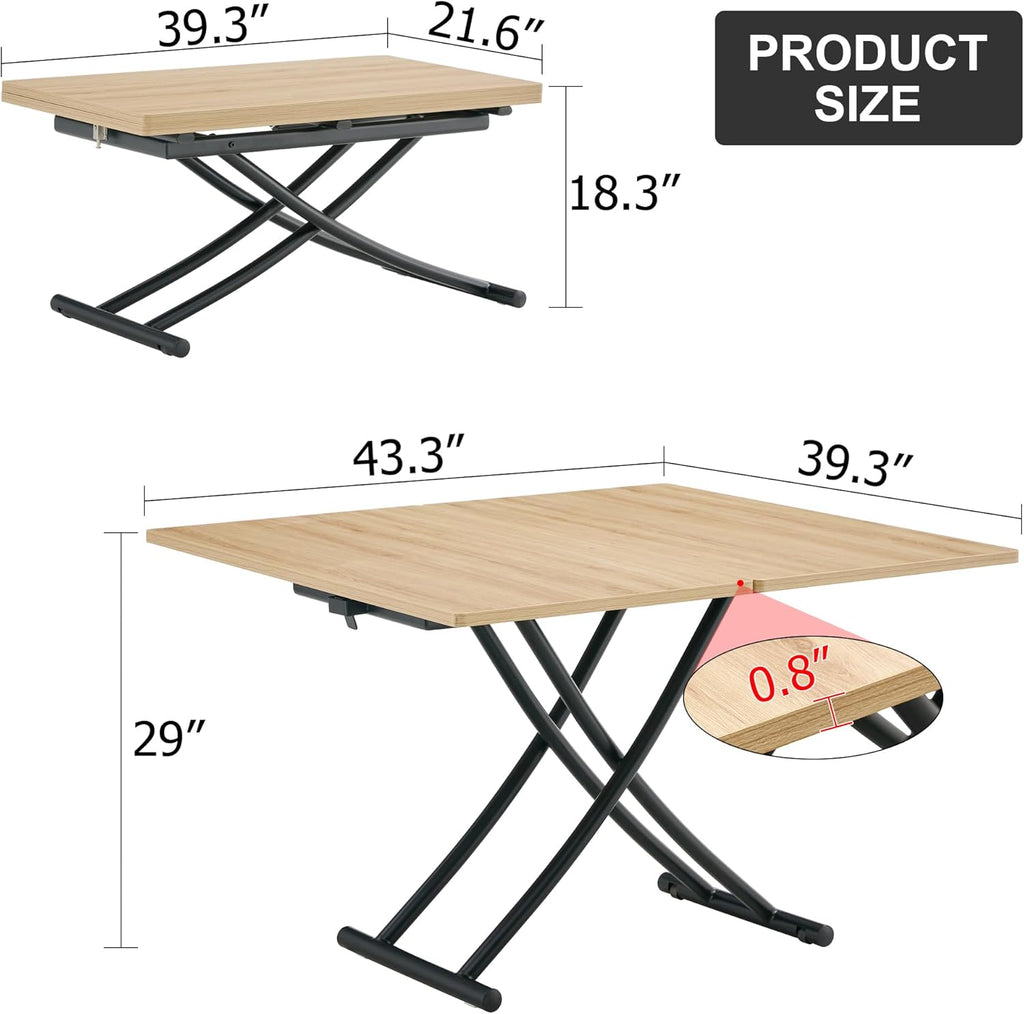 Space Saving Folding Dining Table, Adjustable Height Foldable Coffee Table with Wooden Tabletop and Metal Legs, Small Transformer Kitchen Table for Apartment, Living Room, Dining Room