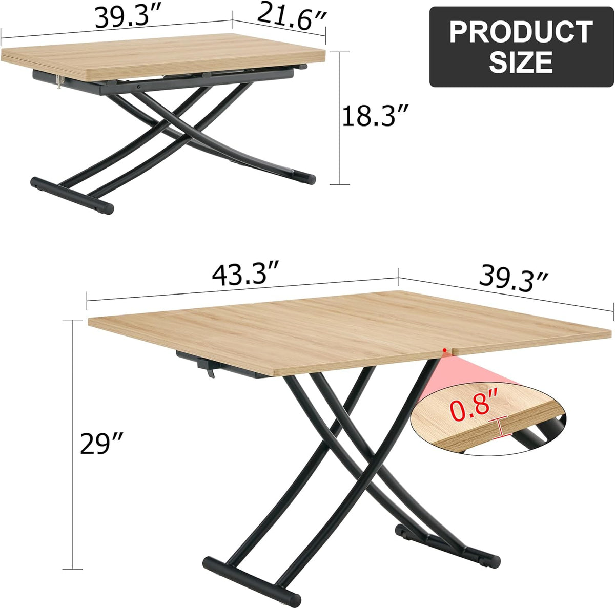 Space Saving Folding Dining Table, Adjustable Height Foldable Coffee Table with Wooden Tabletop and Metal Legs, Small Transformer Kitchen Table for Apartment, Living Room, Dining Room