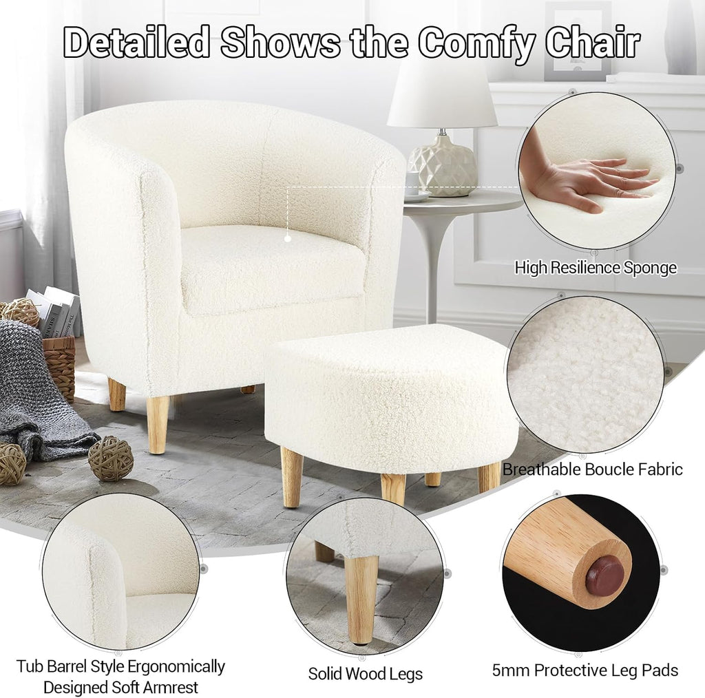 DAZONE Sherpa Accent Chair with Ottoman White Fluffy Teddy Barrel Armchair | Small Side Chair for Living Room, Bedroom, Reading Corner, Footrest, Boucle Corner Armchair, Solid Wood Legs, Soft Cushion