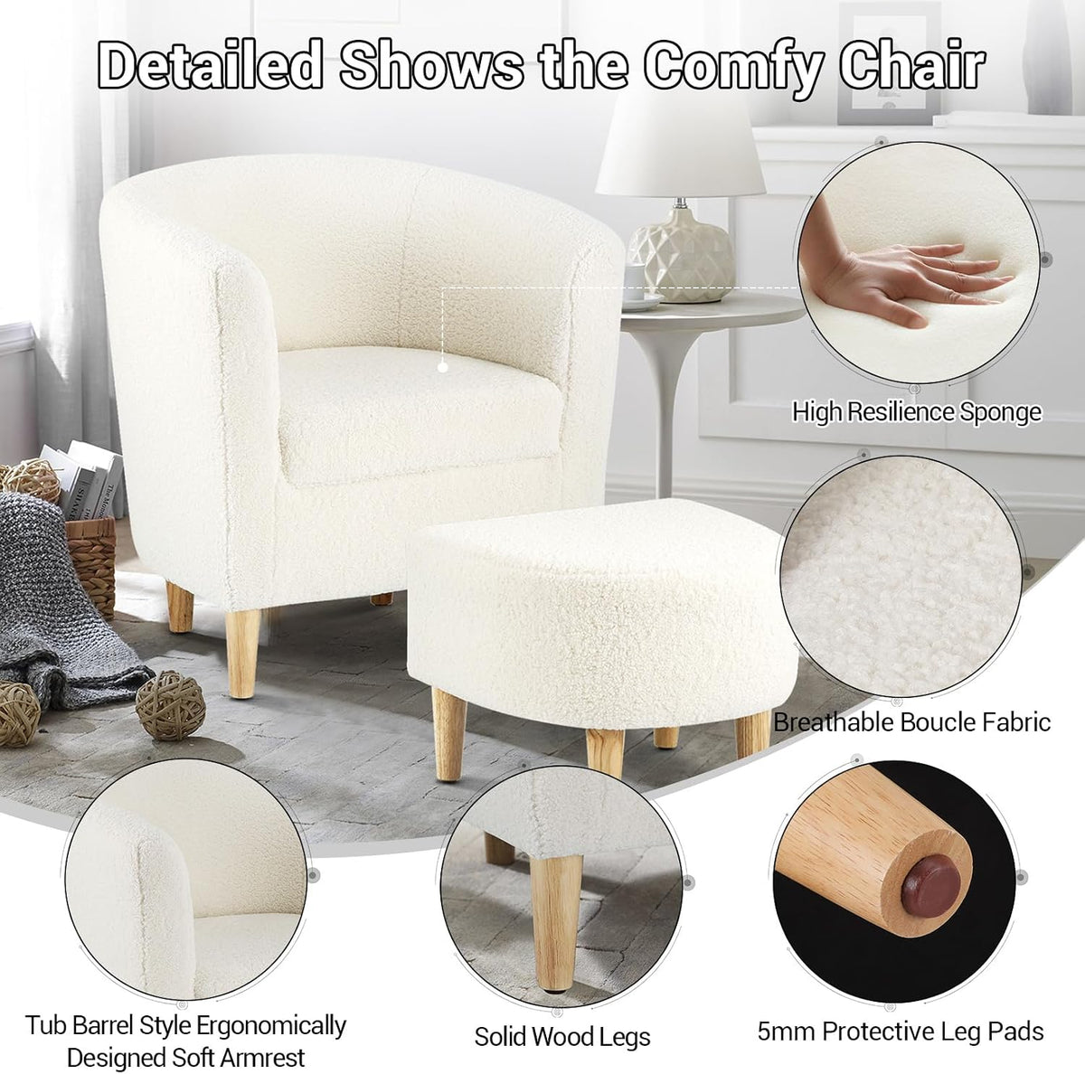 DAZONE Sherpa Accent Chair with Ottoman White Fluffy Teddy Barrel Armchair | Small Side Chair for Living Room, Bedroom, Reading Corner, Footrest, Boucle Corner Armchair, Solid Wood Legs, Soft Cushion