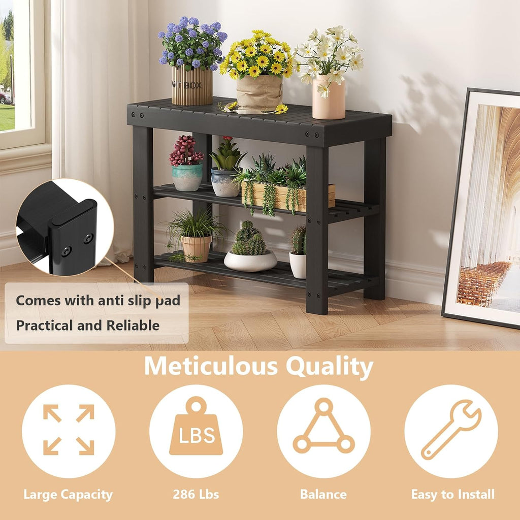 Sweetcrispy Shoe Rack Bench, 3-Tier Bamboo Entryway Storage Organizer, 286lb Capacity, Shoes Stand for Front Door Entrance, Bedroom, Living Room, Bathroom, Balcony, 11.3 x 27.6 x 17.8 Inches, Black