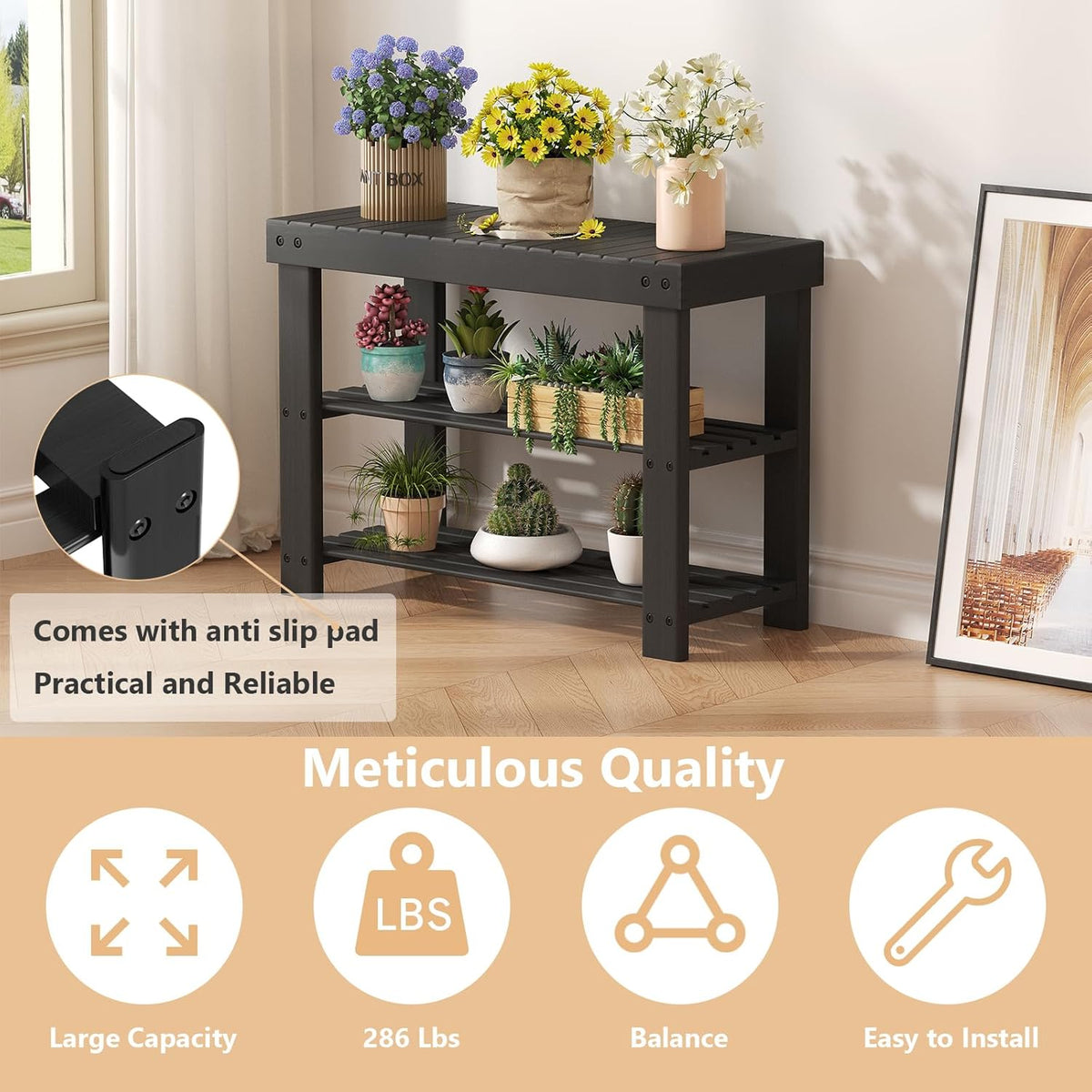 Sweetcrispy Shoe Rack Bench, 3-Tier Bamboo Entryway Storage Organizer, 286lb Capacity, Shoes Stand for Front Door Entrance, Bedroom, Living Room, Bathroom, Balcony, 11.3 x 27.6 x 17.8 Inches, Black