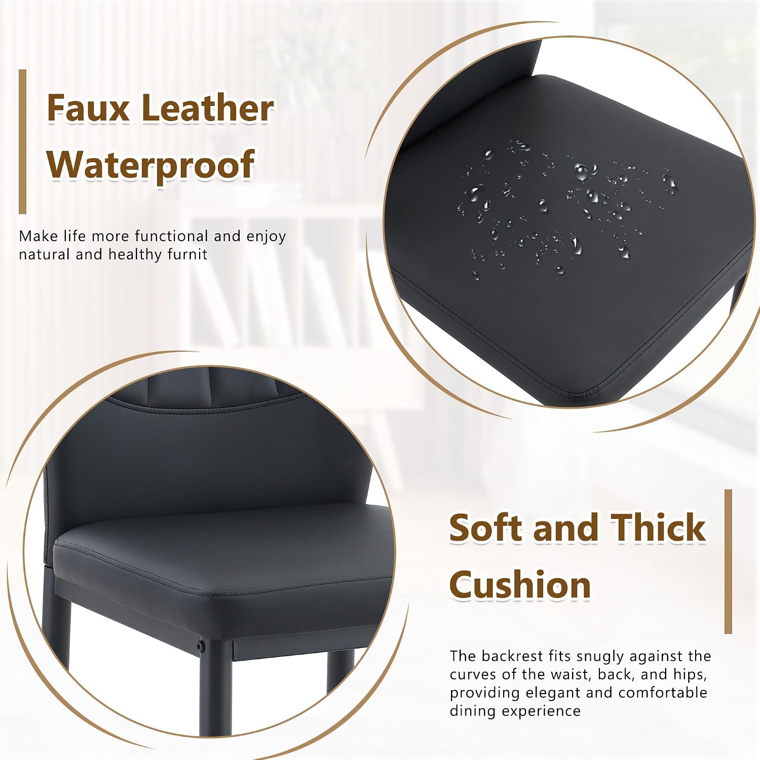 Modern Dining Chairs Set of 4，Black Dining Room Chairs Set, Comfy Kitchen Faux Leather Upholstered Chairs with Mental Legs， Easy Assembly