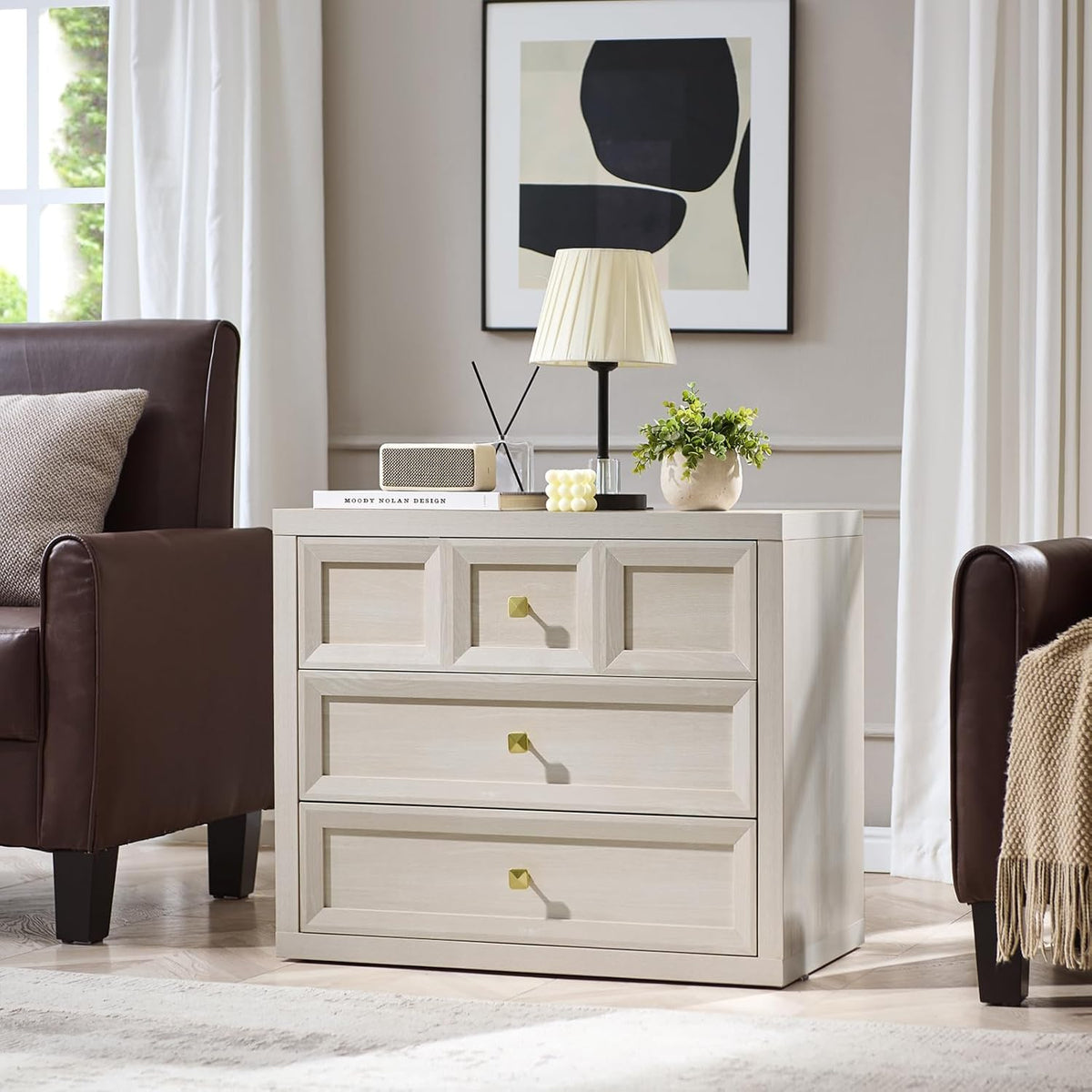 Nightstand Set of 2 W/Charging Station, 30.7" W King Size Bedside Table with 3 Drawers, Accent End Table W/Large Storage, Modern Wood Side Table for Bedroom,Office, Beige