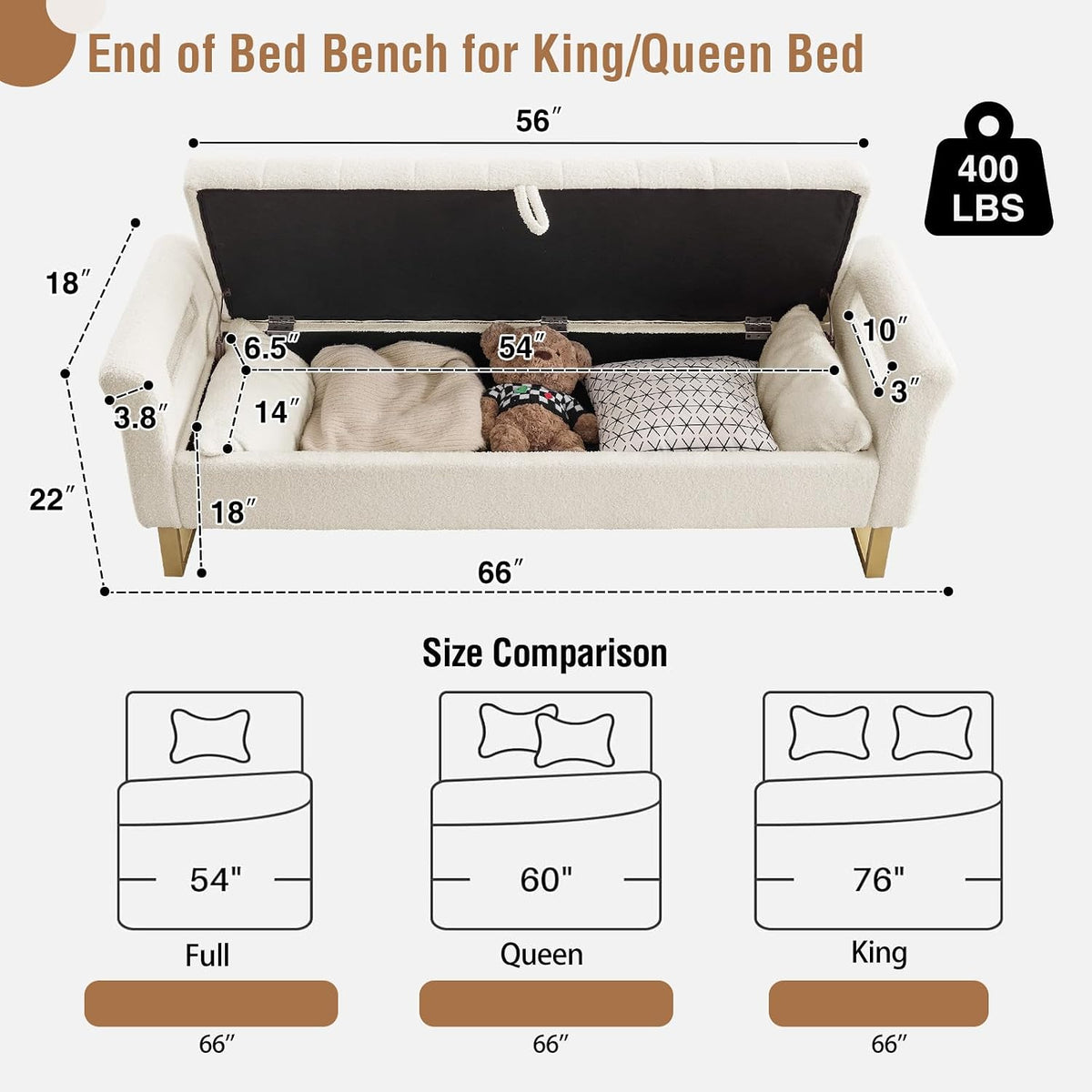 66" King Size Storage Bench for Bedroom End of Bed Benches with Storage | Bedroom Benches for Foot of Bed King with Gold Legs,2 Pillows,Storage Ottoman Bench for Bedroom,Entryway Teddy Ivory White