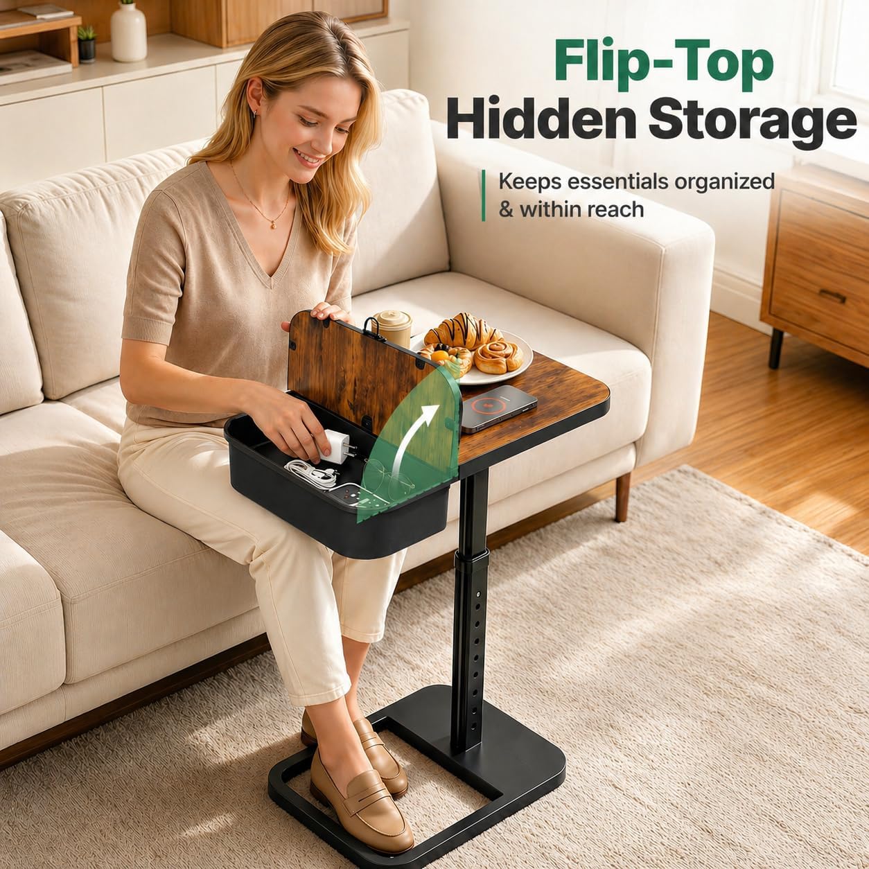 Kitstorack Large TV Tray Table with Flip-Top Storage, Adjustable Height | 18.9" x 14.2" desktop, metal frame, Oxford fabric basket, 9 height settings, C-shaped base, sofa, bed, living room
