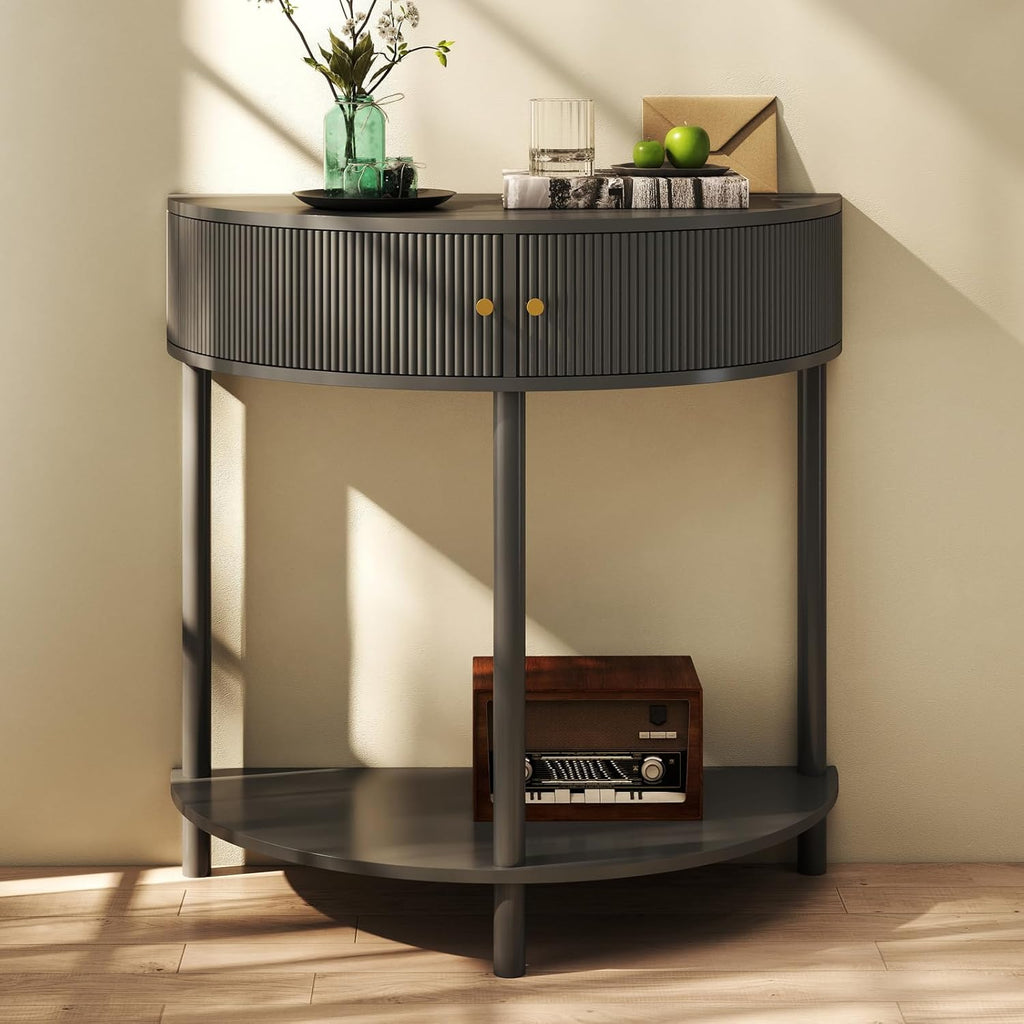 Entryway Table, Artisan-Crafted Half Moon Fluted Console Tables with 2 Rattan Storage,Small Half Circle Tables for Hallway, Narrow Round Accent Decort Table for Living Room (Dark Gray)