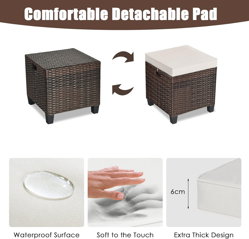 RELAX4LIFE 2-Piece Patio Ottoman Set - Wicker Footstools, All Weather PE Rattan Ottoman with Removable Cushions, Square Footrest Seat, Outdoor Stools for Garden, Porch, Pouf Ottoman (Brown)