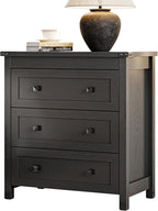 Xixini Farmhouse Nightstand with 3 Storage Drawers, 27.55" Wide Wood Bedside Table, Modern Side Table with Metal Handle, End Table for Bedroom, Black