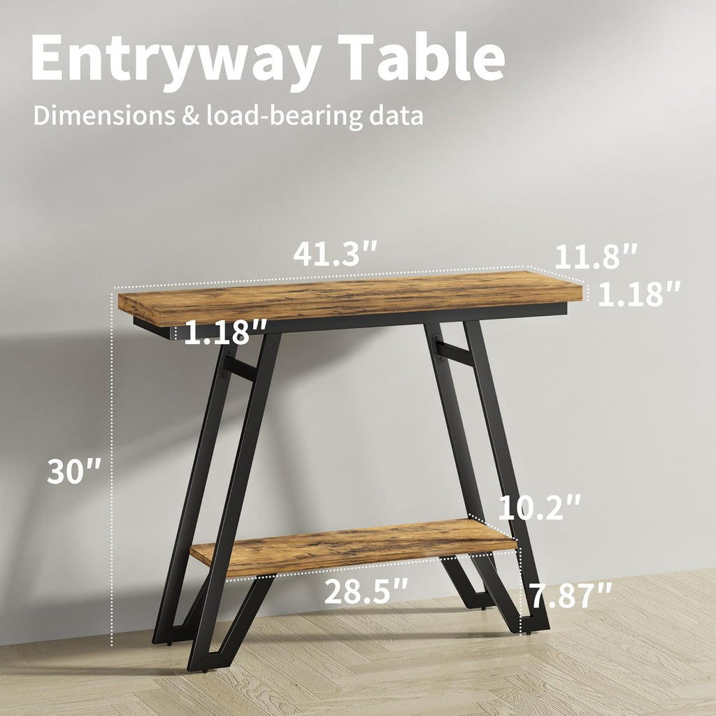 Console Table for Entryway, Space Saving Small Entryway Table with Open Shelves, Narrow Sofa Table Behind Couch for Living Room, Hallway, Easy Assembly, Wooden Top, Rustic Brown
