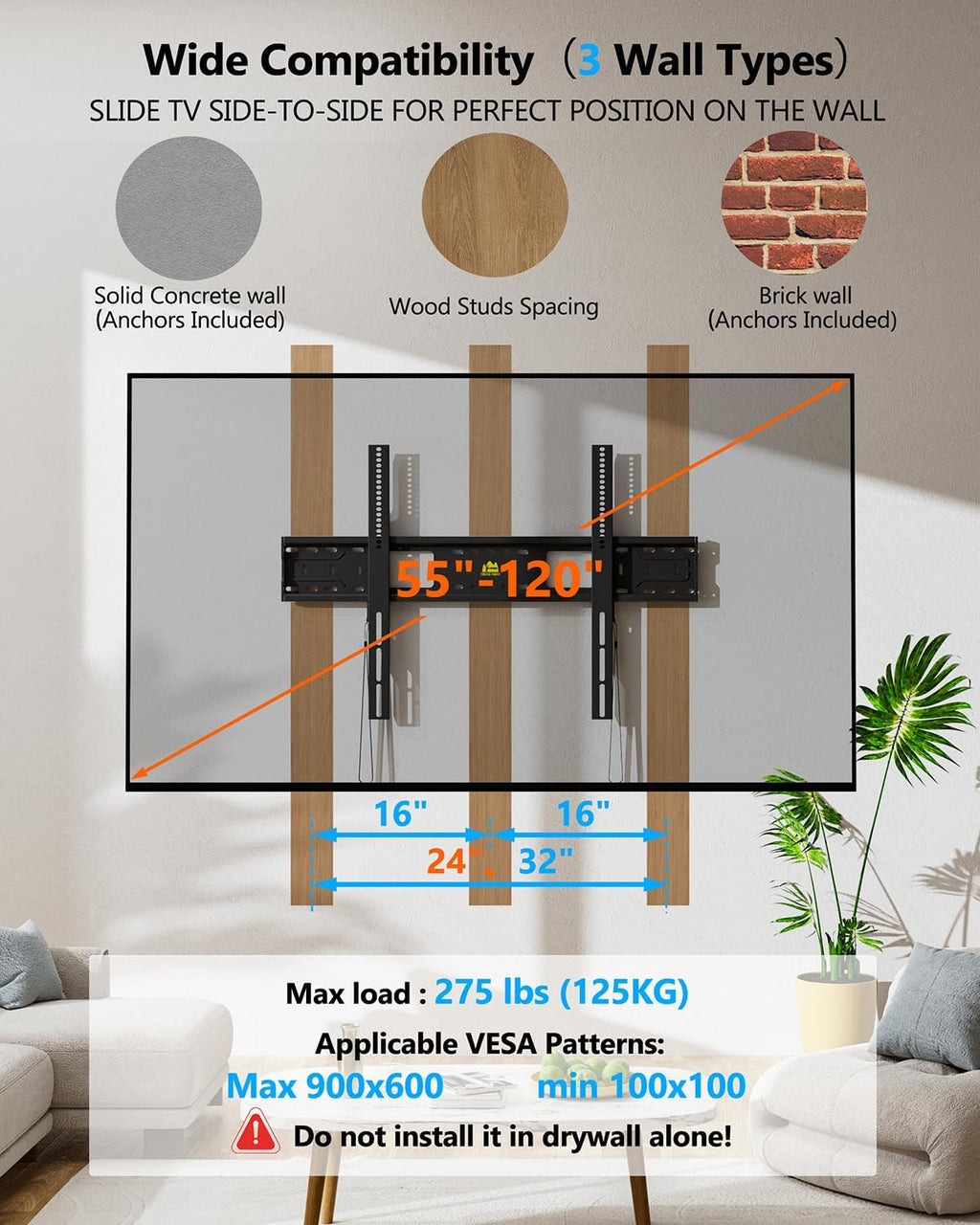 FORGING MOUNT Heavy Duty Fixed TV Wall Mount Holds up to 275Lbs for 50-120 inch TVs 3-Stud Low Profile TV Mount Ultra Slim Universal Bracket Fits 16"/18"/24" Studs MAX VESA 900x600mm- Easy DIY Install