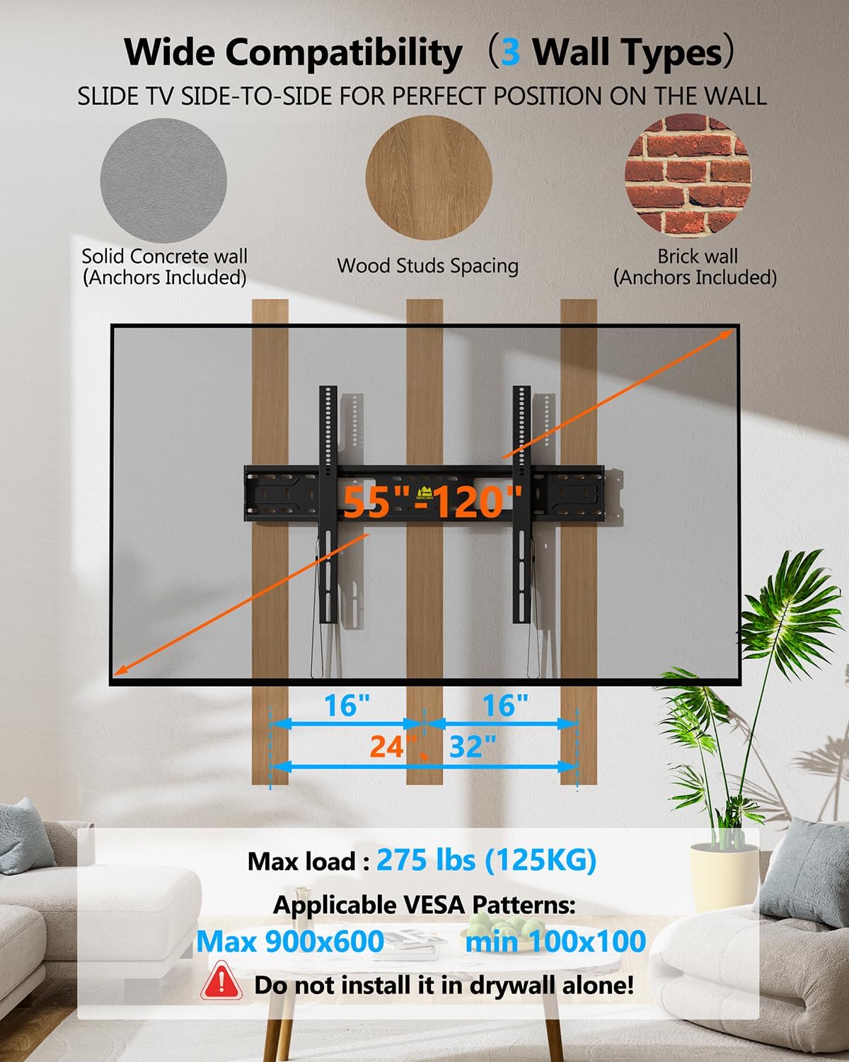 FORGING MOUNT Heavy Duty Fixed TV Wall Mount Holds up to 275Lbs for 50-120 inch TVs 3-Stud Low Profile TV Mount Ultra Slim Universal Bracket Fits 16"/18"/24" Studs MAX VESA 900x600mm- Easy DIY Install