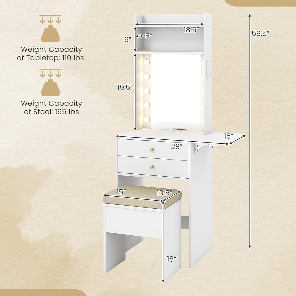 COSTWAY Vanity Desk with Mirror and Lights, Narrow Dressing Table with Foldable Countertop, Padded Stool, 2 Drawers for Apartment, Dorm, Bedroom, Makeup Vanity Set for Girl, Teen, Women (White)