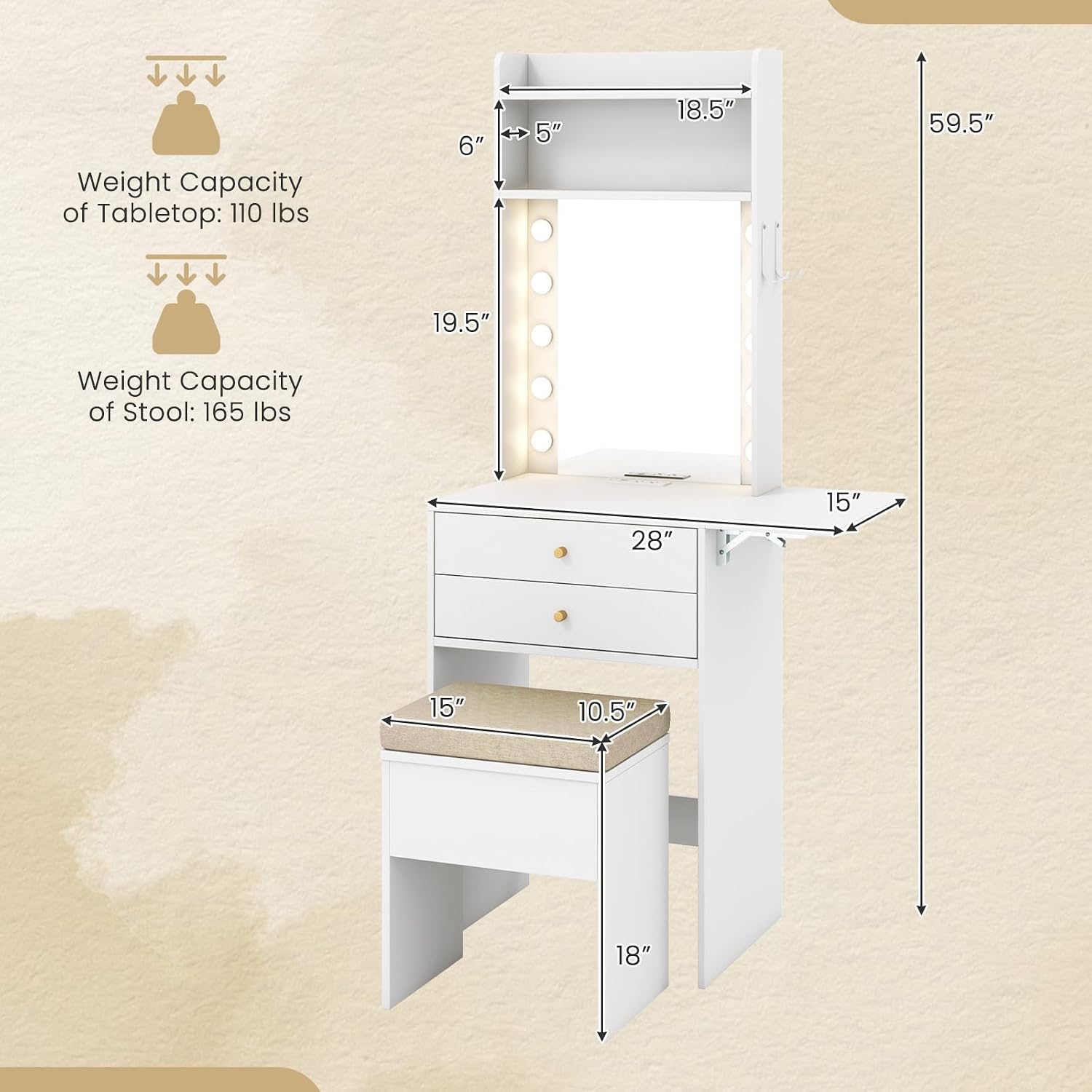 COSTWAY Vanity Desk with Mirror and Lights, Narrow Dressing Table with Foldable Countertop, Padded Stool, 2 Drawers for Apartment, Dorm, Bedroom, Makeup Vanity Set for Girl, Teen, Women (White)
