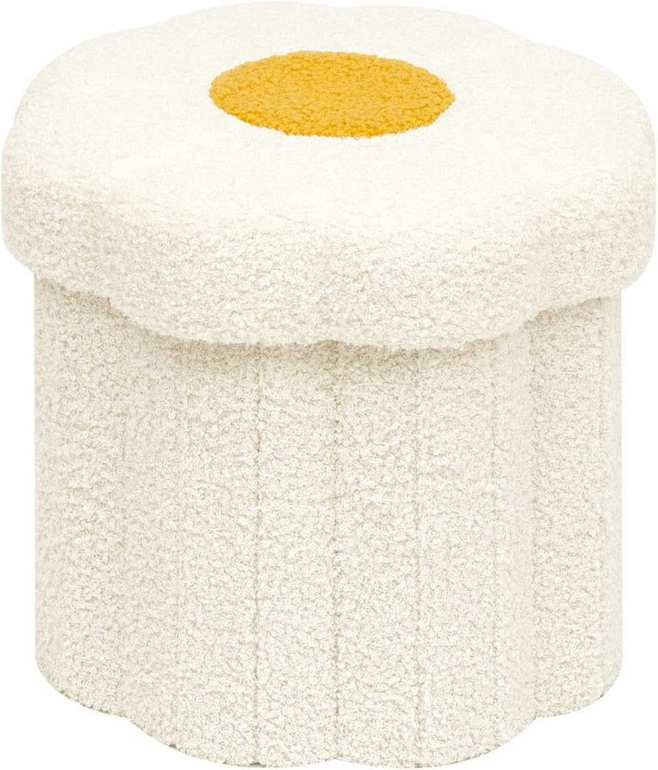 B FSOBEIIALEO Storage Ottoman Cube, 12.6" Ottoman with Storage, Cream White | Sunflower Shaped Footstool，Small Ottomans for Dorm , Faux Teddy Fur, Collapsible Folding Pouf Seat,Living Room, Entryway