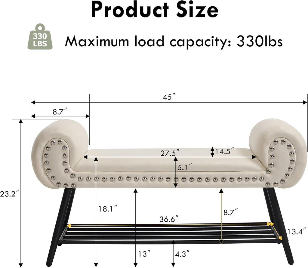45" Entryway Bench with Shoe Storage，Modern Bedroom Velvet Fabric Upholstered with Stable Metal Frame and Solid Shelf for Bedroom, Living Room，Foyer, 330LB, Cream