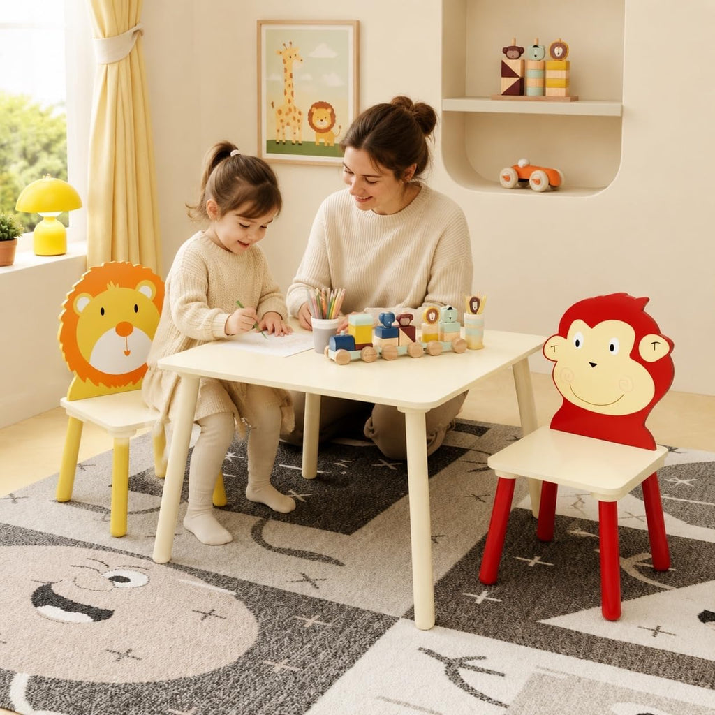 Kids Wood Table and 4 Chairs Set, Cartoon Animal Activity Furniture Ages 3- (3 Piece 1)