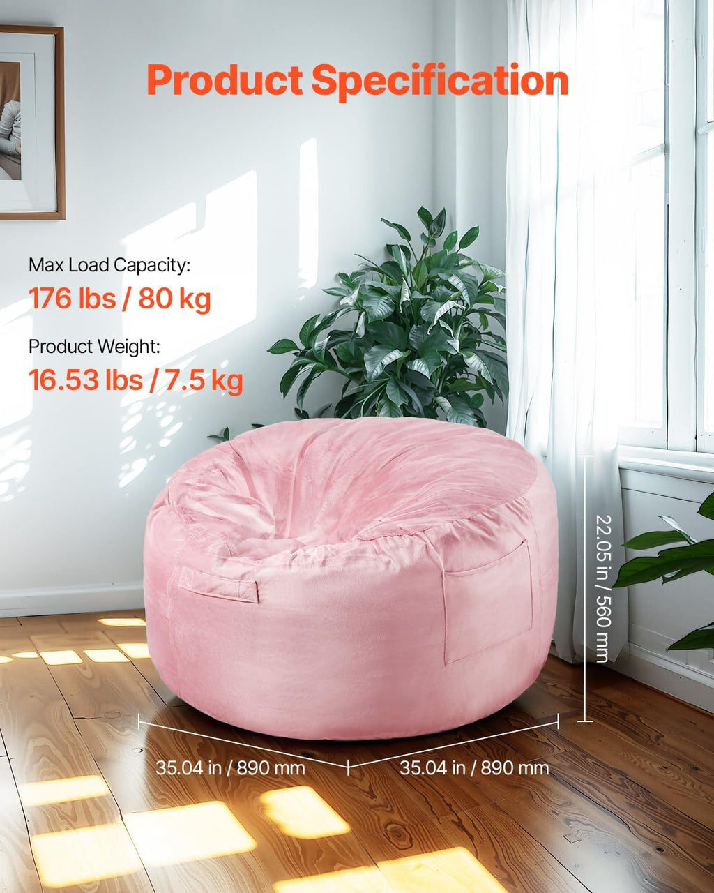 VEVOR Bean Bag Chair, 3 feet Round Bean Bag Chair with Removable and Washable Cover, 25D Memory Foam Filled with Soft and Smooth Dutch Velvet, Bean Bag for Bedroom or Playroom, Pink
