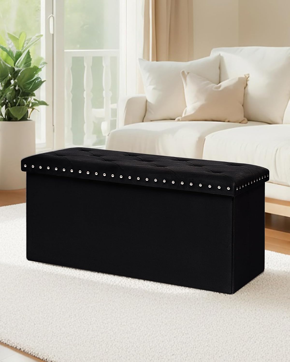 B FSOBEIIALEO Storage Ottoman Bench, 30" Velvet Ottoman with Storage, Black | Storage Chest, Luxury Tufted Foldable Long Storage Bench for Bedroom , Living Room, Entryway, End of bed
