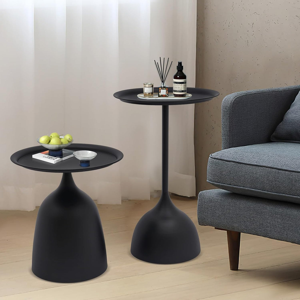 Bacocoo Round Side Table Set of 2, Metal End Tables Matte Black - 16.9" & 23.6" Height Modern Nesting Tables for Living Room, Bedroom, Office Sturdy.(Iron, Easy Assembly)