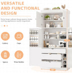 77 Inch Kitchen Pantry Cabinet with Wine Racks, White | White MDF, kitchen or dining room, adjustable shelves, wine racks, power outlet, door shelves, 35 in W, 77 in H