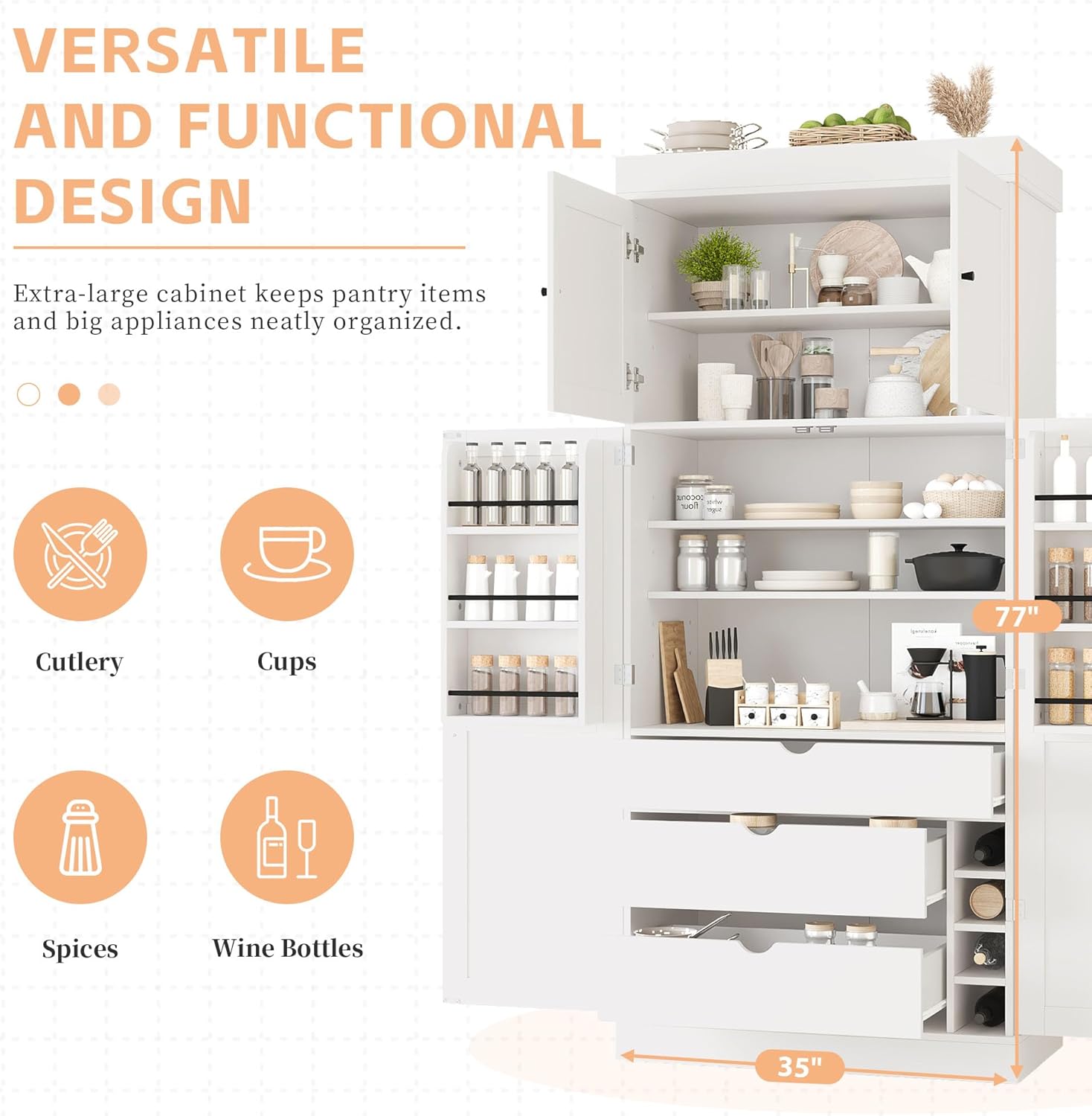 77 Inch Kitchen Pantry Cabinet with Wine Racks, White | White MDF, kitchen or dining room, adjustable shelves, wine racks, power outlet, door shelves, 35 in W, 77 in H