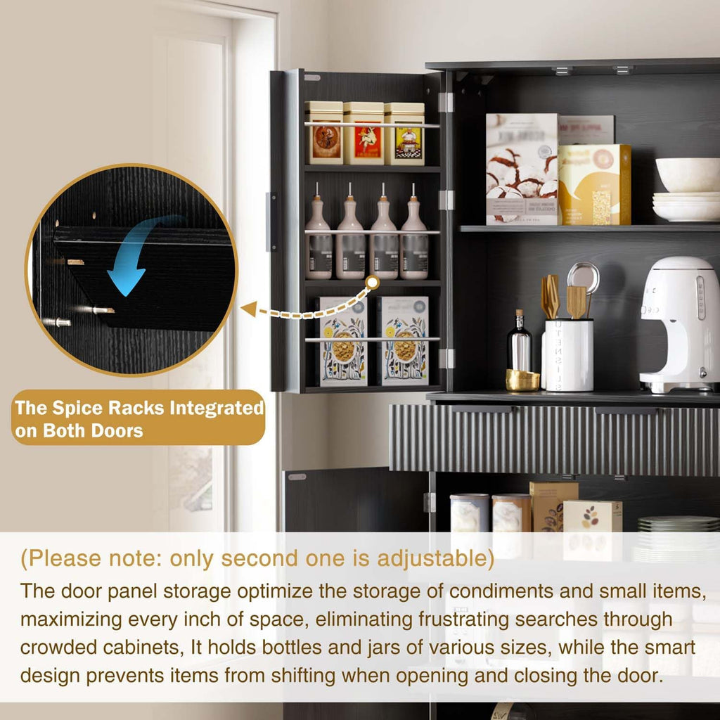 72" Fluted Kitchen Pantry Cabinet with Anti-Tip Safety, Free Standing Versatile Storage Cabinet with Drawers and Adjustable Shelves for Kitchen, Living Room, Dining, Office (Black)