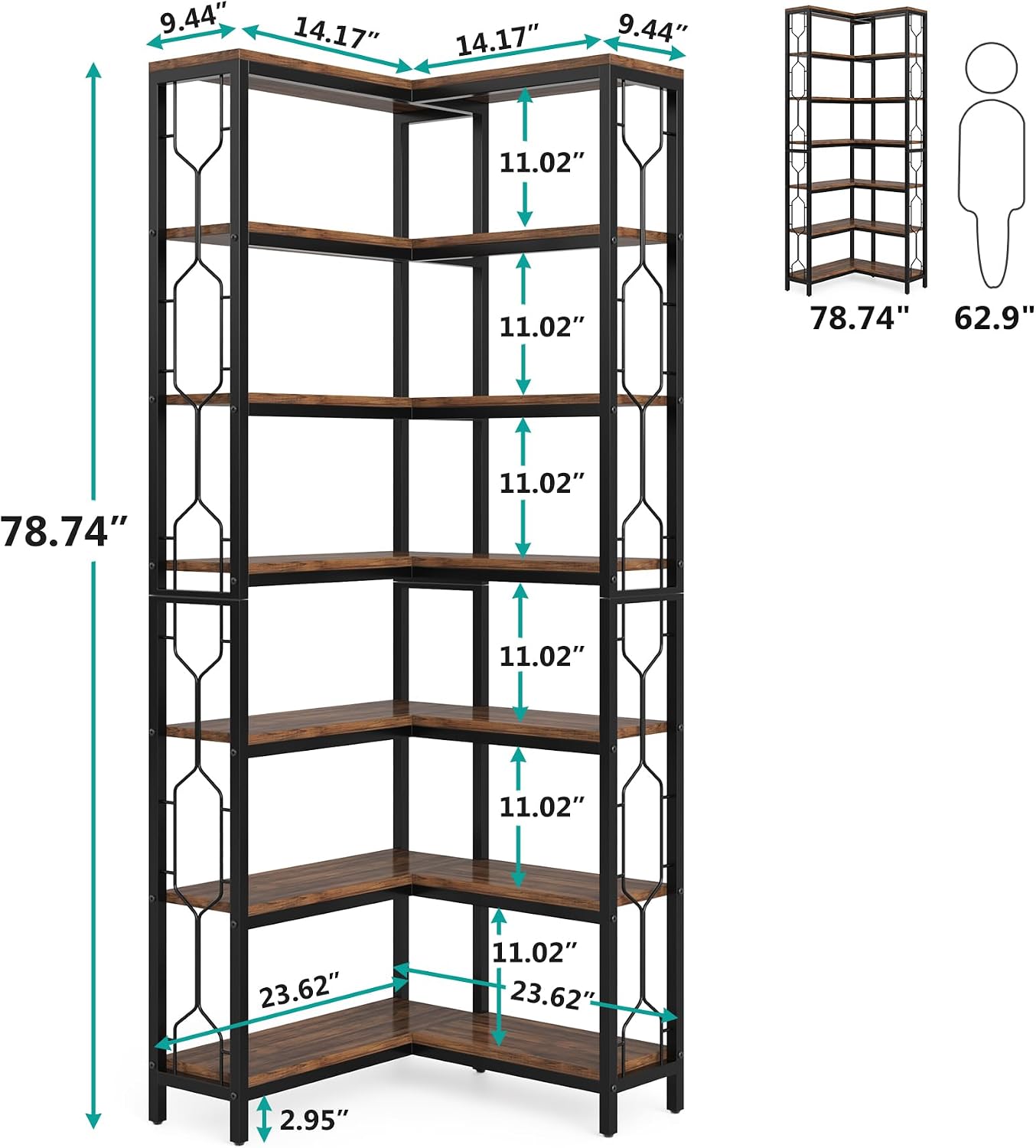 Tribesigns Corner Shelf, 7-Tier Industrial Corner Bookshelf and Bookcase | Freestanding Display Shelf for Living Room, Wood and Metal Corner Book Shelves, Corner Bookcase for Home Office, Rustic Brown