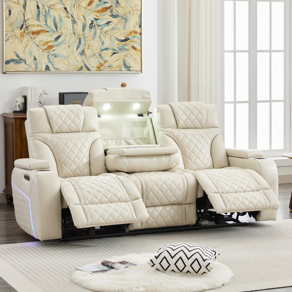 Power Recliner Sofa with Adjustable Headrest, Wireless Charger for Living Room, Electric Reclining Couch with LED Lights, Faux Leather 3 Seaters with Recliner,Home Theater Seating w/ LED Lights,Beige