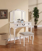 Poundex PDEX-F4094 Bobkona Susana Tri-Fold Mirror Vanity Table with Stool Set, Bobkona, White