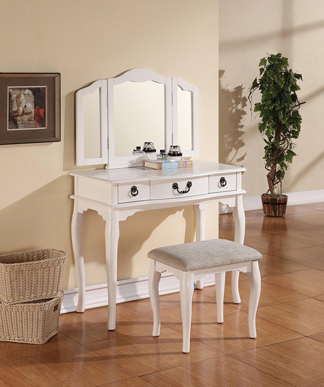 Poundex PDEX-F4094 Bobkona Susana Tri-Fold Mirror Vanity Table with Stool Set, Bobkona, White