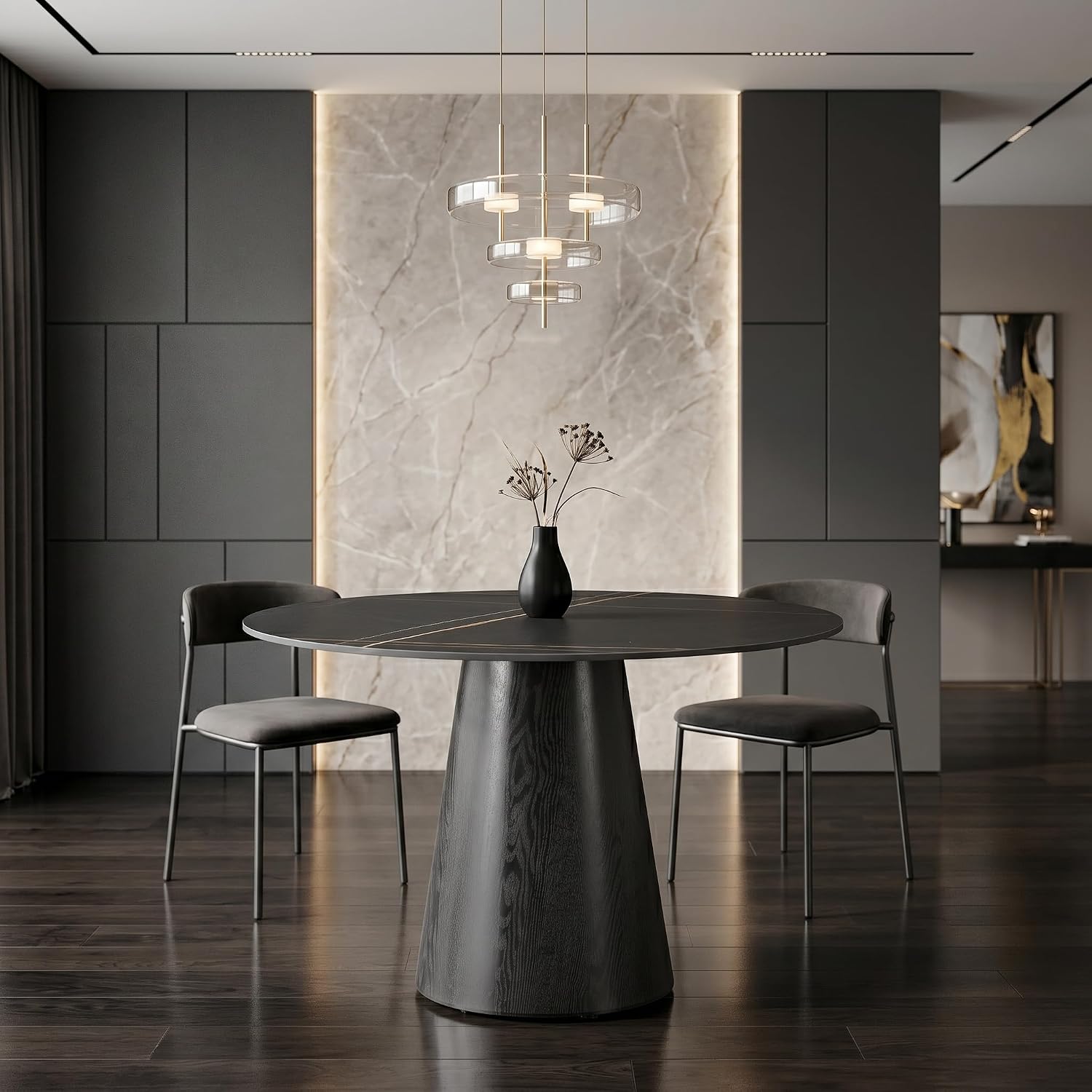 Round Dining Table for 4, 42 Inch Sintered Stone Dining Room Table, White and Black Small Kitchen Table with Stable Pedestal, Modern Marble Dining Table for Kitchen, Apartment, Restaurant