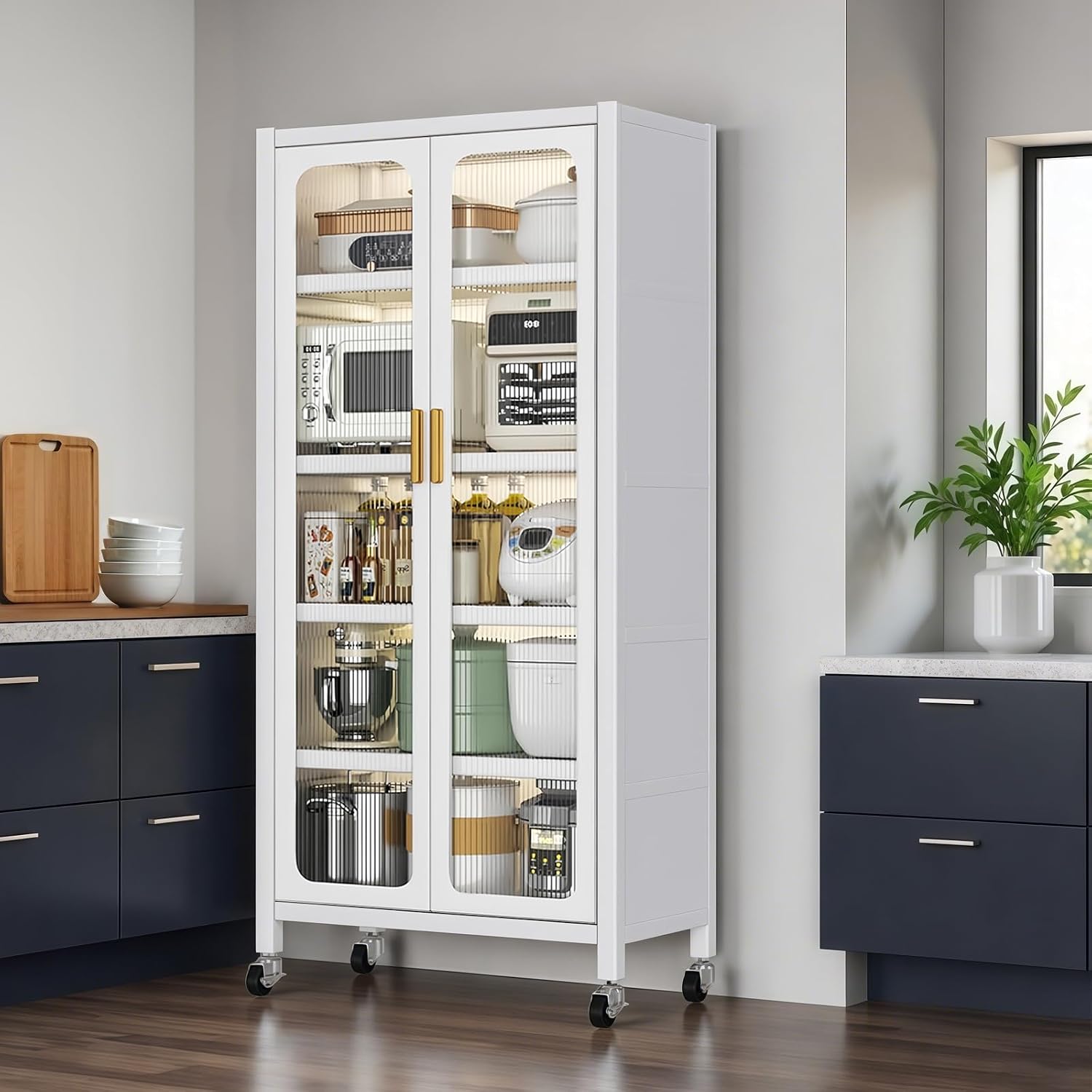 65" Metal Kitchen Cabinet with Transparent Doors, 6-Tier Rolling Pantry Cabinet on Wheels - Sturdy Adjustable Shelves, Mobile Storage Buffet Cabinet for Kitchen, Living Room, Dining Room(White)