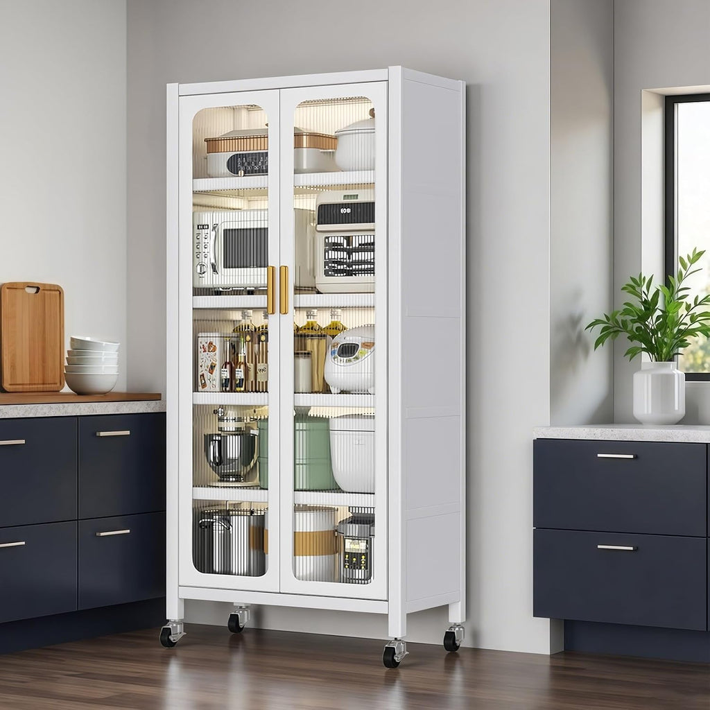 65" Kitchen Pantry Storage Cabinet 6 Tier Metal Display Storage Cabinet With Transparent Door Adjustable Shelves & Wheels Versatile Storage Food Upright Cabinets For Kitchen Dining Room White