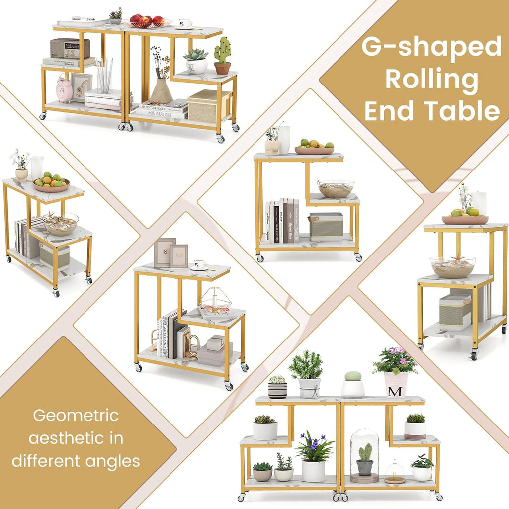 Giantex 3-Tier Side Table with Wheels, G-Shaped Mobile End Table with Open Shelves & Metal Frame, Rolling Sofa Couch Table for Living Room Bedroom Office, White & Gold